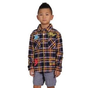 KEEP Love to Keep Plaid Flannel Shirt Youth 9–10 Red Navy Yellow Heart NWT
